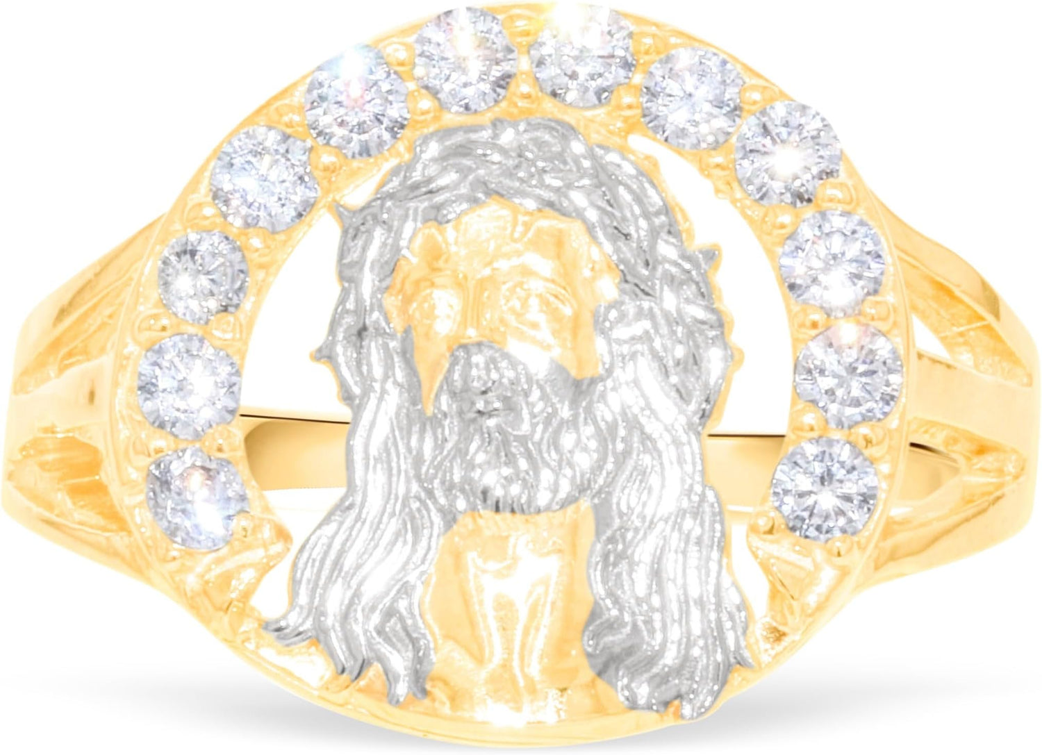 10k Yellow Gold 16.3mm Jesus Face Two-Tone CZ Openwork Men's Ring, Sizes 5-13