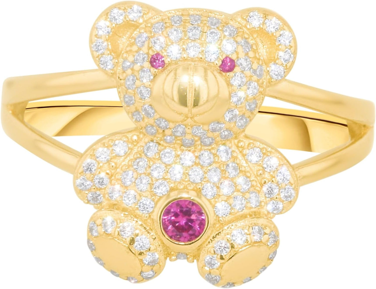 10k Yellow Gold 15mm Teddy Bear CZ Double Shank Ring, Sizes 4 - 11