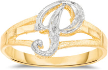 Load image into Gallery viewer, 10k Two-Tone Yellow Gold and White Gold 8.5mm Personalized A-Z Initial Cursive Letter Ring, Sizes 3 - 10
