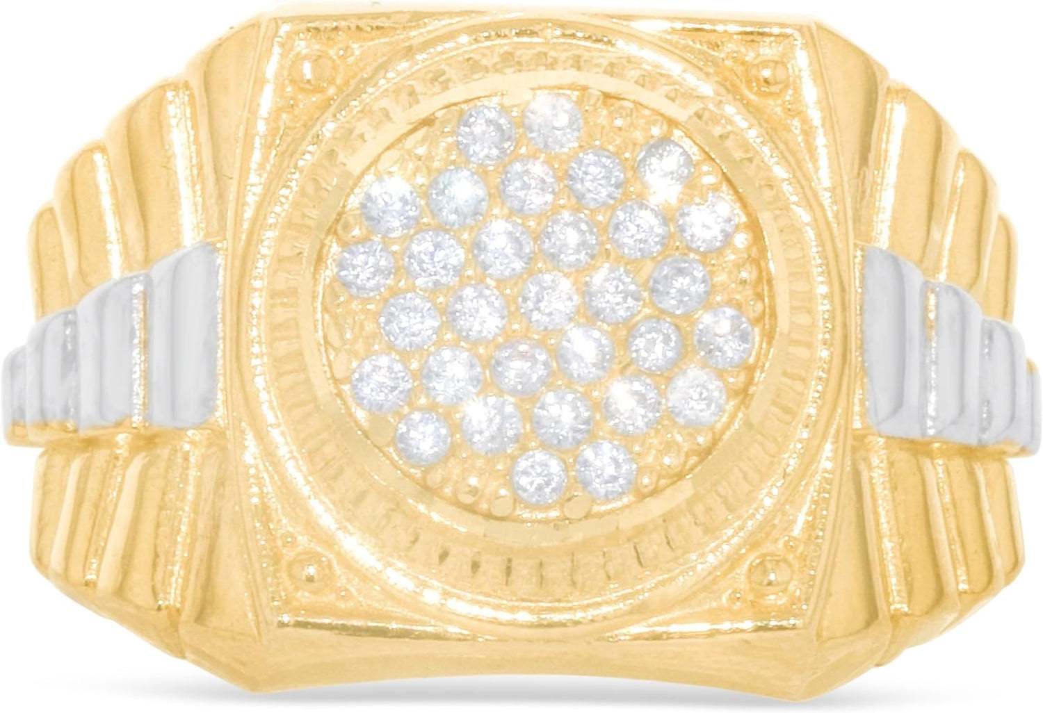 10k Yellow Gold 15.6mm Two-Tone Railroad Pave CZ Cluster Round Circle Men's Ring, Sizes 5-14