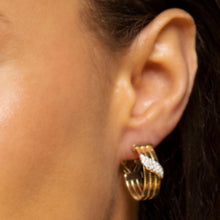 Load image into Gallery viewer, 14k Yellow Gold 21.3mm x 7.5mm Leaf CZ Omega Hoop Earrings
