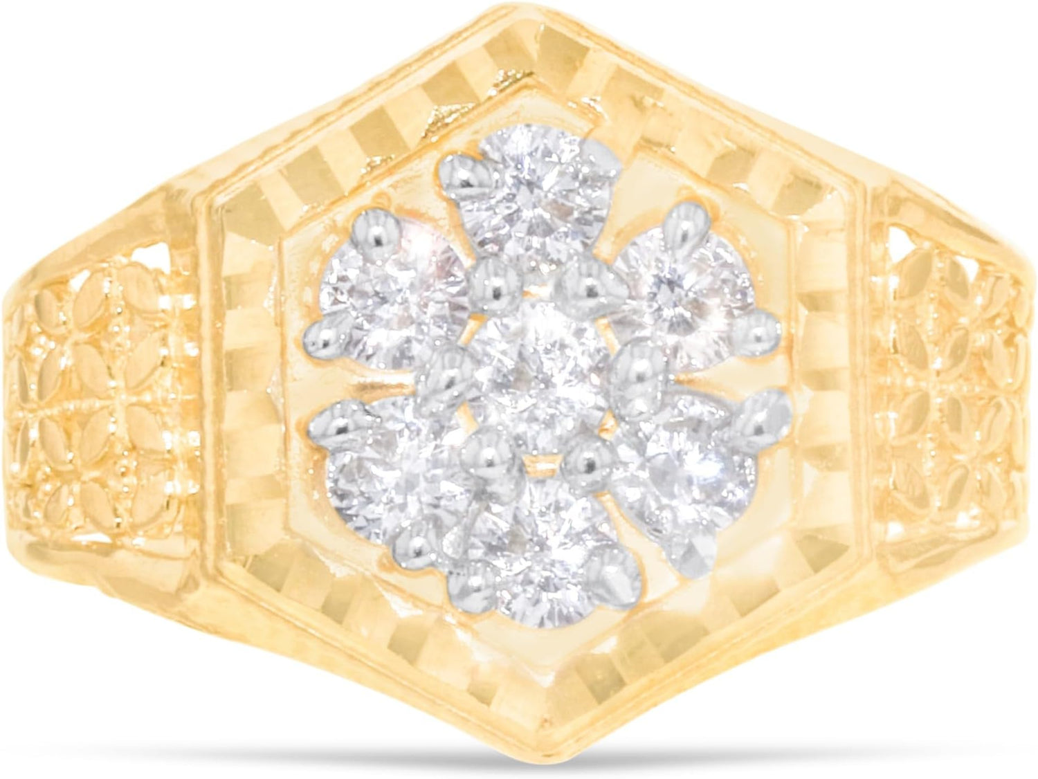 10k Yellow Gold 15.5mm Hexagon CZ Openwork Flower Men's Ring, Sizes 5-13