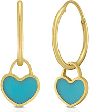 Load image into Gallery viewer, 14k Yellow Gold 22mm Dangle Heart Huggie Earrings (Turquoise, Red Coral, Mother of Pearl)
