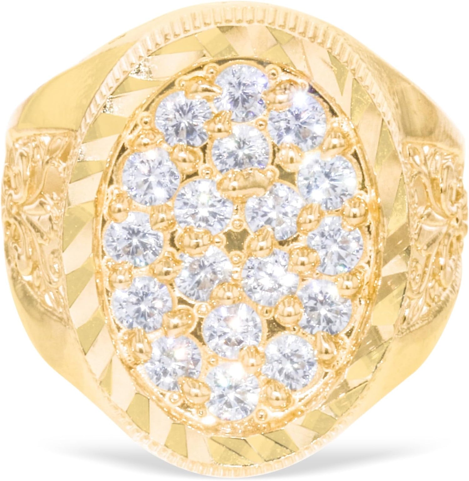 10k Yellow Gold 22mm Oval CZ Filigree Openwork Men's Ring, Sizes 5-13