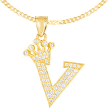Load image into Gallery viewer, 10k Yellow Gold 0.8&quot; Pave CZ Personalized Crown Alphabet Letter A - Z Initial Charm Pendant with optional Chain Necklace

