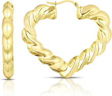Load image into Gallery viewer, 10k Yellow Gold 45mm Twisted Swirl Scalloped Heart Shape Hoop Earrings
