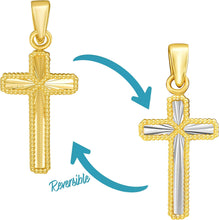 Load image into Gallery viewer, Italian 14k Two-Tone Gold 17mm Reversible Radiant Cross Religious Charm Pendant with Optional Necklace,  16-17-18 Inch

