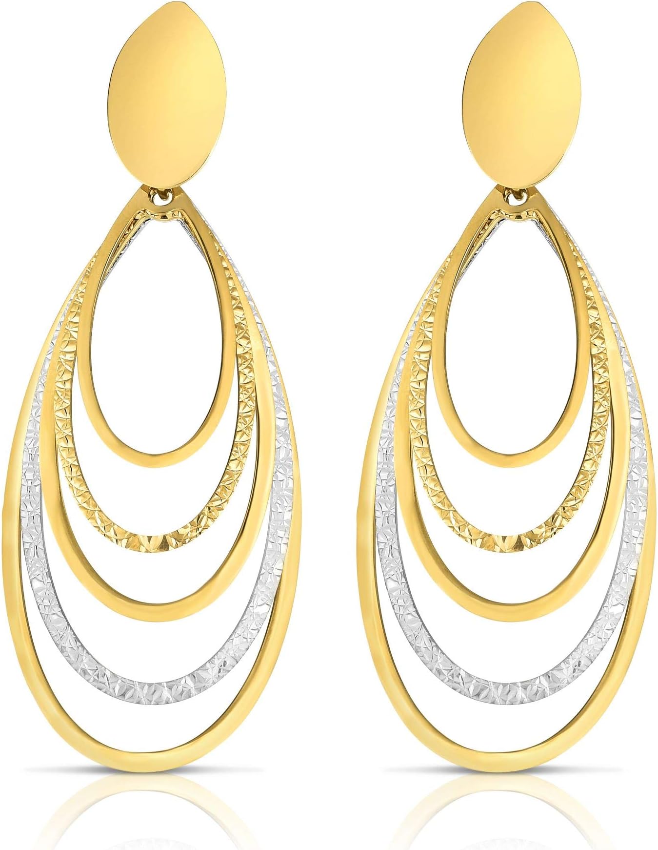 14k Yellow Gold and White Gold 35mm Diamond Cut & Polished Oval Multi-Layered Dangle Earrings