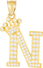 Load image into Gallery viewer, 10k Yellow Gold 0.8&quot; Pave CZ Personalized Crown Alphabet Letter A - Z Initial Charm Pendant with optional Chain Necklace
