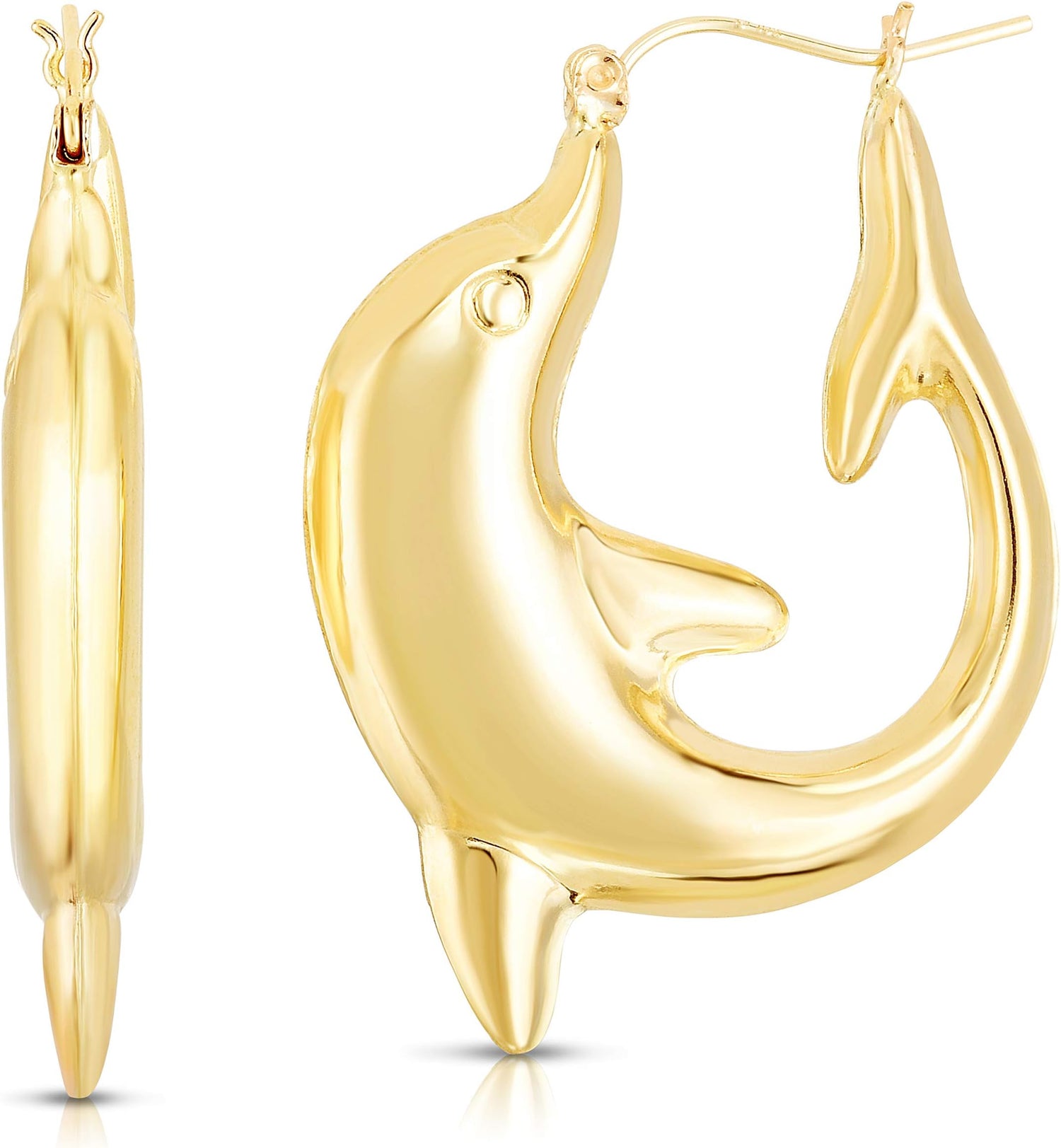 14k Yellow Gold 32mm Dolphin Back to Back Hoop Earrings