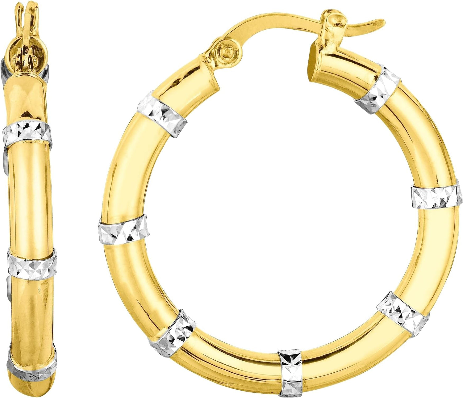 14k Yellow Gold and White Gold 1.5mm x 50mm Diamond Cut Station Hoop Earrings
