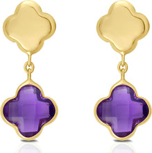 Load image into Gallery viewer, 14k Yellow Gold 18mm Clover Natural Gemstone Drop Earrings (Swiss Blue Topaz, Garnet, Amethyst, Citrine, Peridot)
