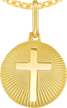 Load image into Gallery viewer, Italian 14k Yellow Gold 15mm Radiant Cross Medallion Religious Charm Pendant with Optional Necklace,  16-17-18 Inch
