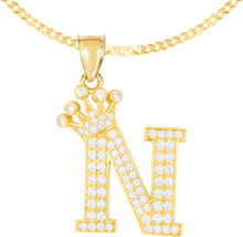 Load image into Gallery viewer, 10k Yellow Gold 0.8&quot; Pave CZ Personalized Crown Alphabet Letter A - Z Initial Charm Pendant with optional Chain Necklace
