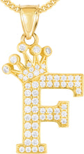Load image into Gallery viewer, 10k Yellow Gold 0.8&quot; Pave CZ Personalized Crown Alphabet Letter A - Z Initial Charm Pendant with optional Chain Necklace
