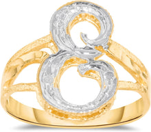 Load image into Gallery viewer, 10k Two-Tone Yellow Gold and White Gold 15mm Personalized A-Z Initial Cursive Letter Ring, Sizes 3 - 10
