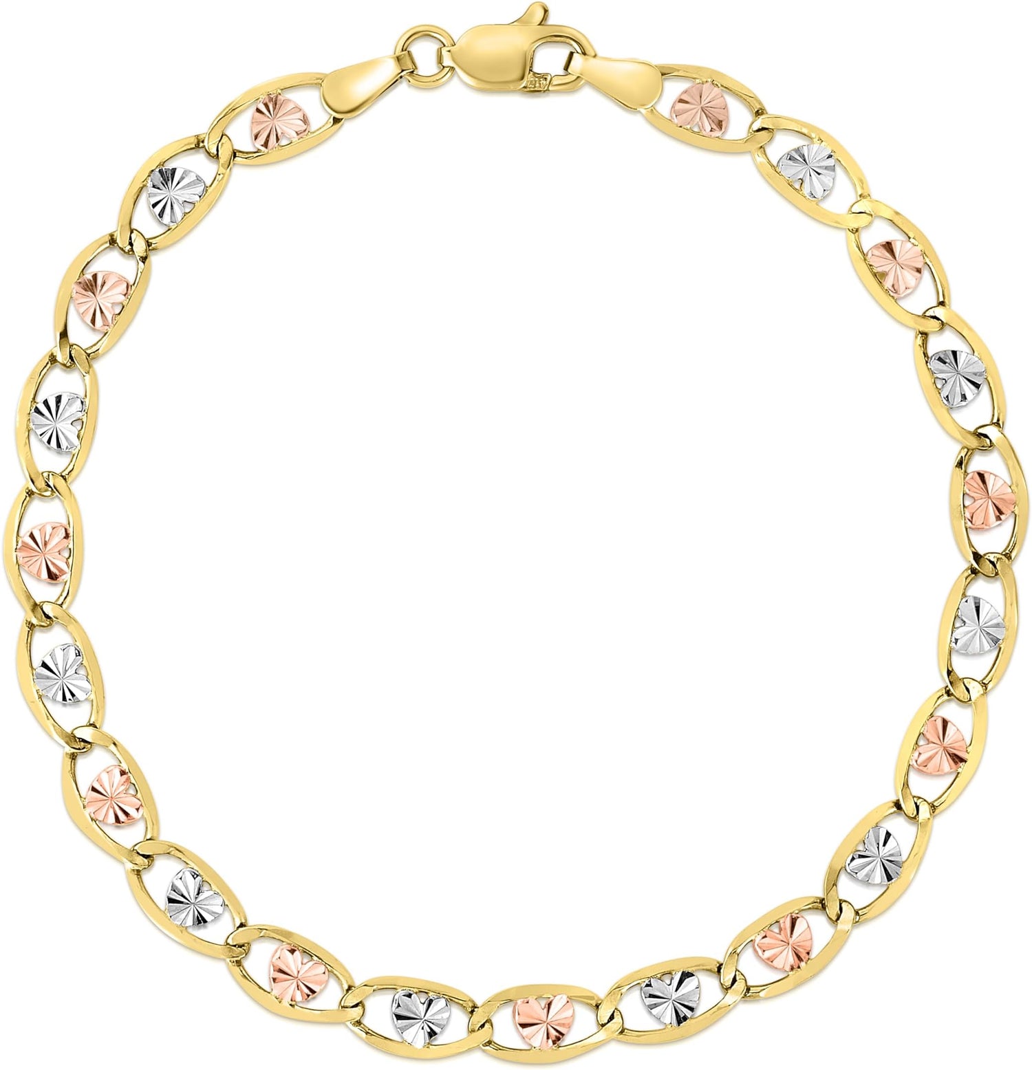 10k Tri-Color Gold 3.5mm Valentino Heart Link Chain Bracelet or Anklet