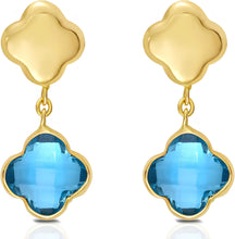 Load image into Gallery viewer, 14k Yellow Gold 18mm Clover Natural Gemstone Drop Earrings (Swiss Blue Topaz, Garnet, Amethyst, Citrine, Peridot)
