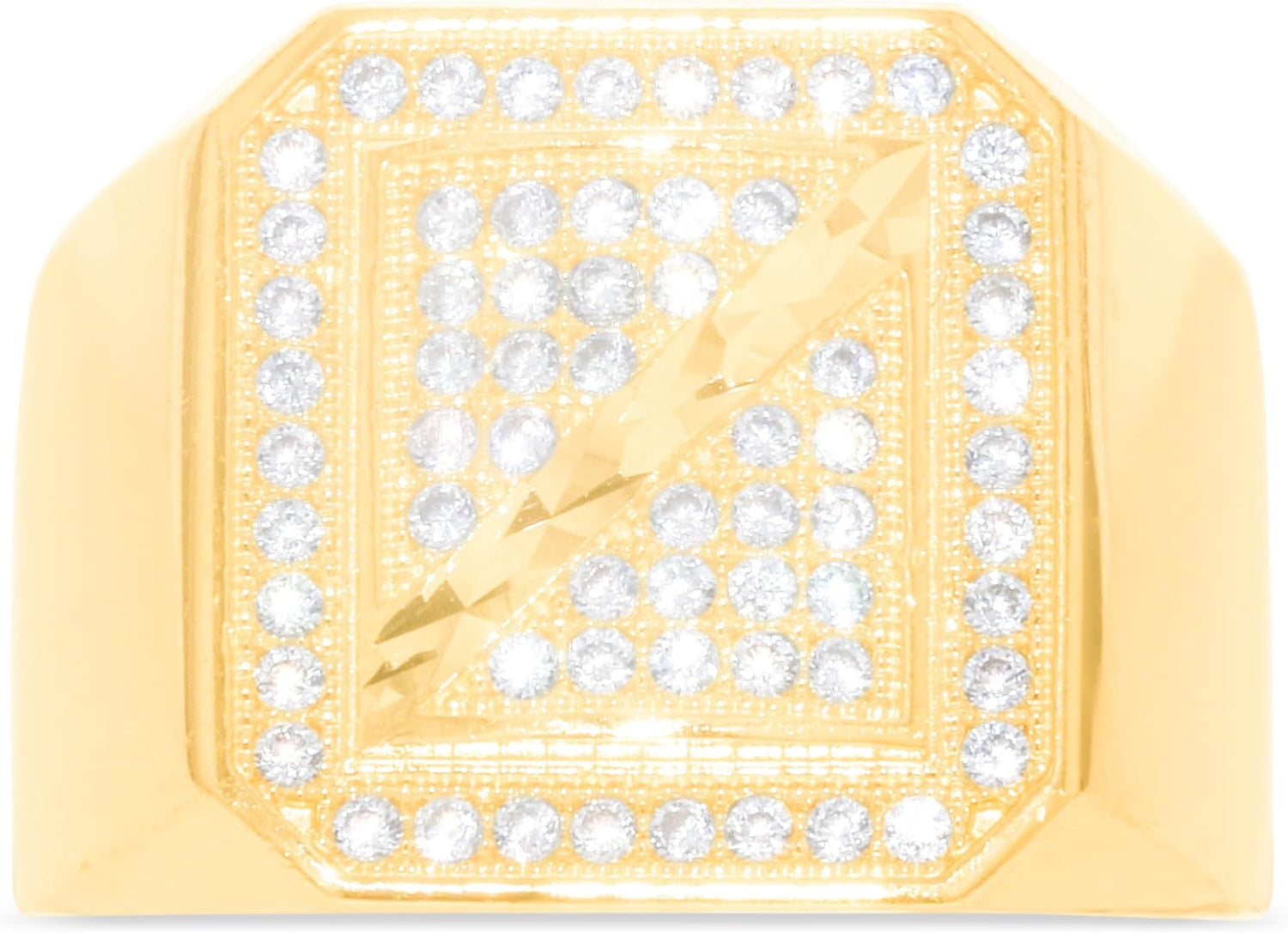 10k Yellow Gold 16.2mm Pave CZ Beveled Square Signet with Diamond Cut Strip Ring, Sizes 4-13