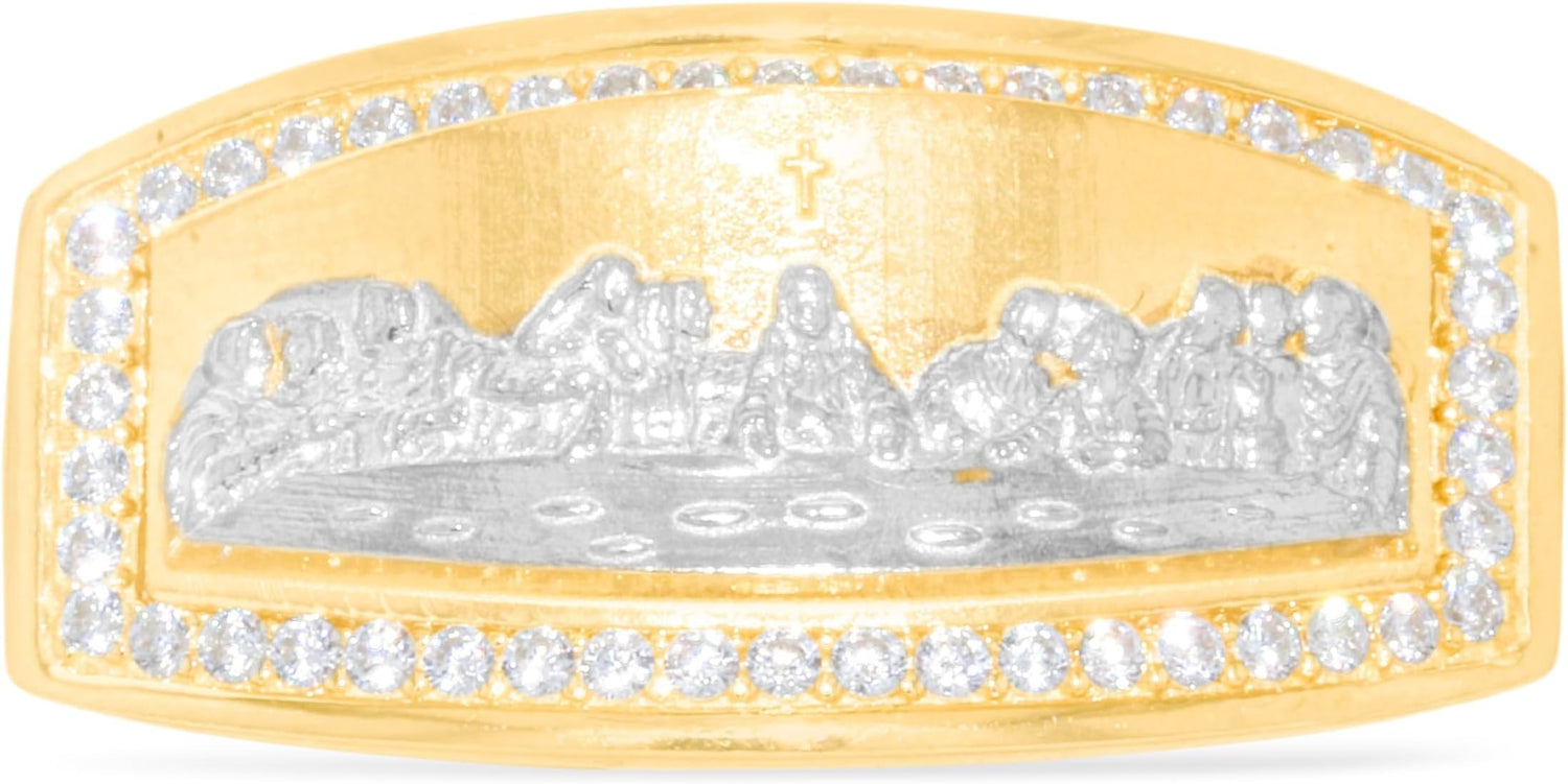 10k Yellow Gold 13mm Last Supper with Cross Pave CZ Border Rectangle Ring, Sizes 5 - 13