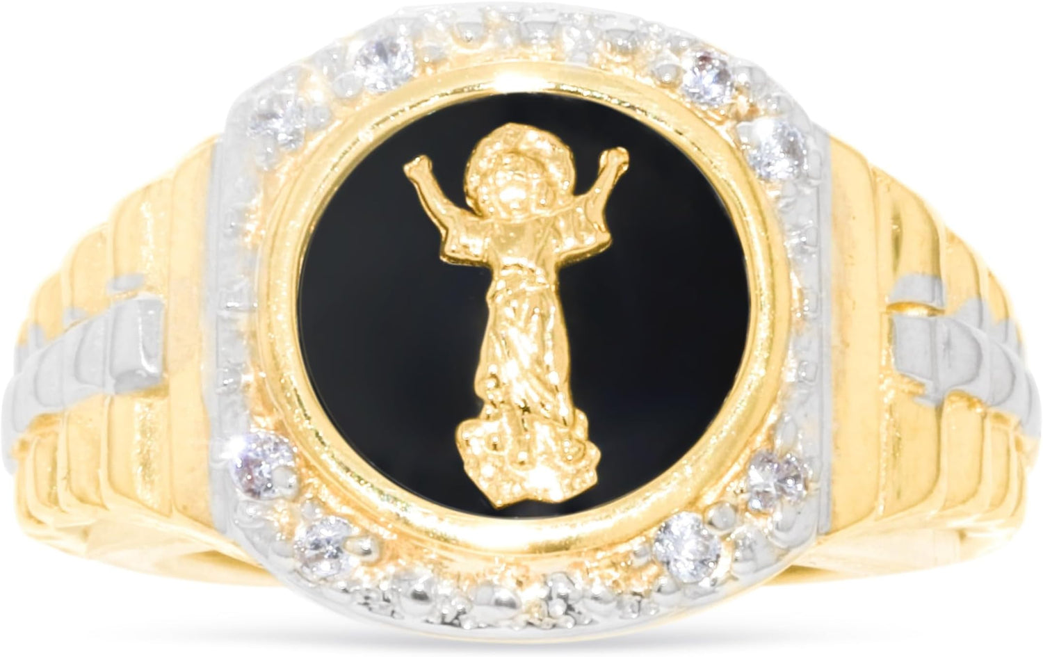10k Yellow Gold 14mm Baby Jesus Onyx Two-Tone Railroad CZ Ring, Sizes 5 - 13