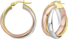 Load image into Gallery viewer, 14k Yellow Gold 20mm x 9mm or 25.8mm x 8mm Trinity Woven Hoop Tri-Color Earrings
