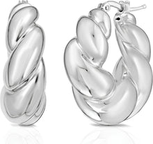 Load image into Gallery viewer, 925 Sterling Silver or 14k Gold over Silver 25.3mm Puffy Graduated Twisted Hoop Earrings
