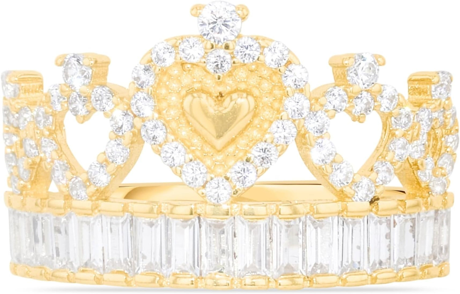 10k Yellow Gold 13mm CZ Heart Crown Openwork Baguette Ring, Sizes 4 - 11