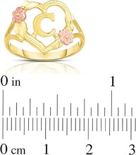 Load image into Gallery viewer, 10k Yellow Gold A-Z Initial Ring with Heart and Rose Gold Flower Design, Sizes 4-9
