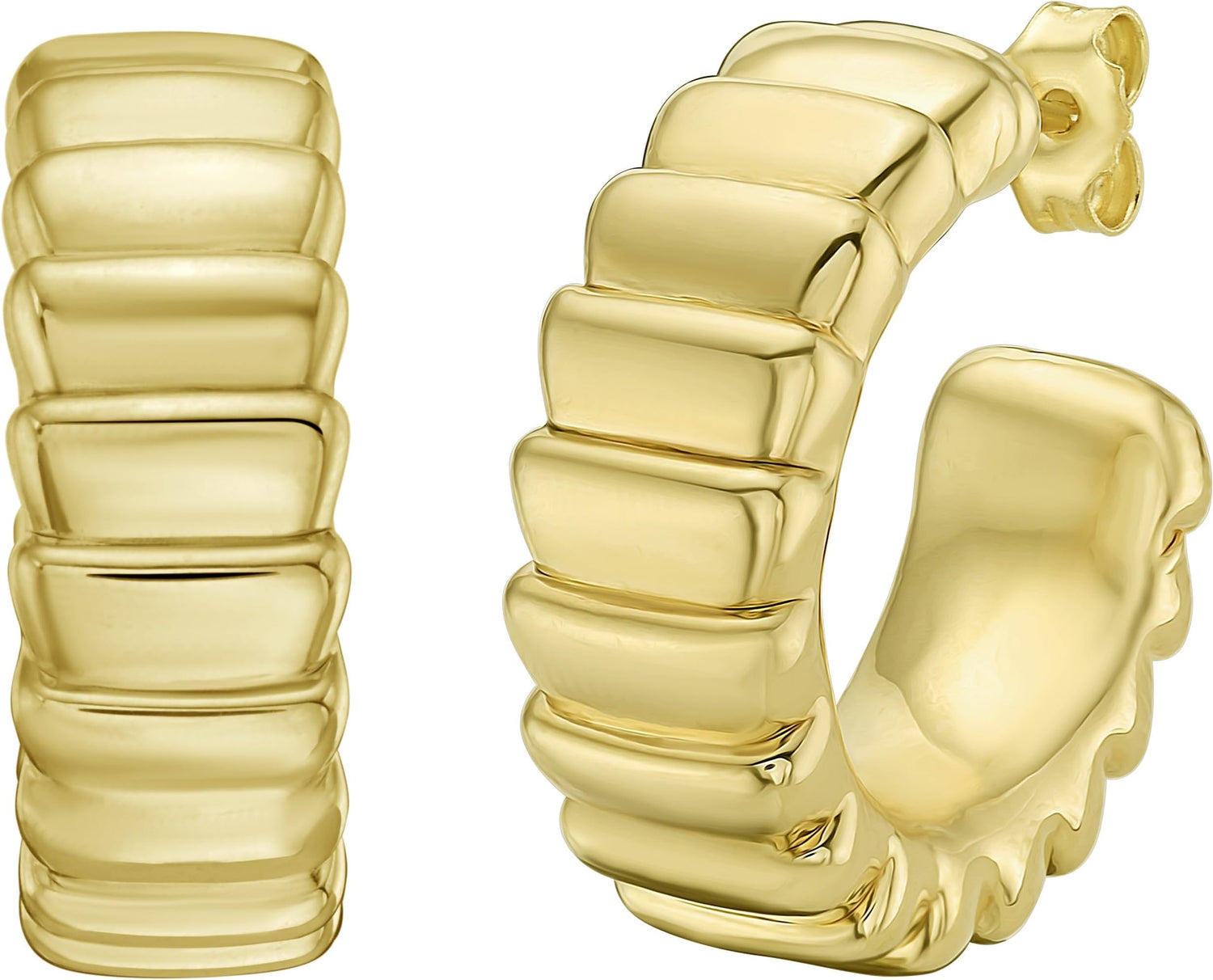 14k Yellow Gold 22.7mm x 8mm Ribbed Straight Edge C-Hoop Earrings