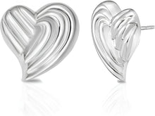 Load image into Gallery viewer, 925 Sterling Silver or 14k Gold over Silver 17mm Flat Back Ridged Heart Stud Earrings
