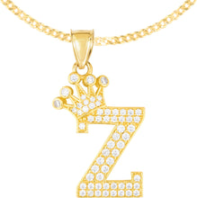 Load image into Gallery viewer, 10k Yellow Gold 0.8&quot; Pave CZ Personalized Crown Alphabet Letter A - Z Initial Charm Pendant with optional Chain Necklace
