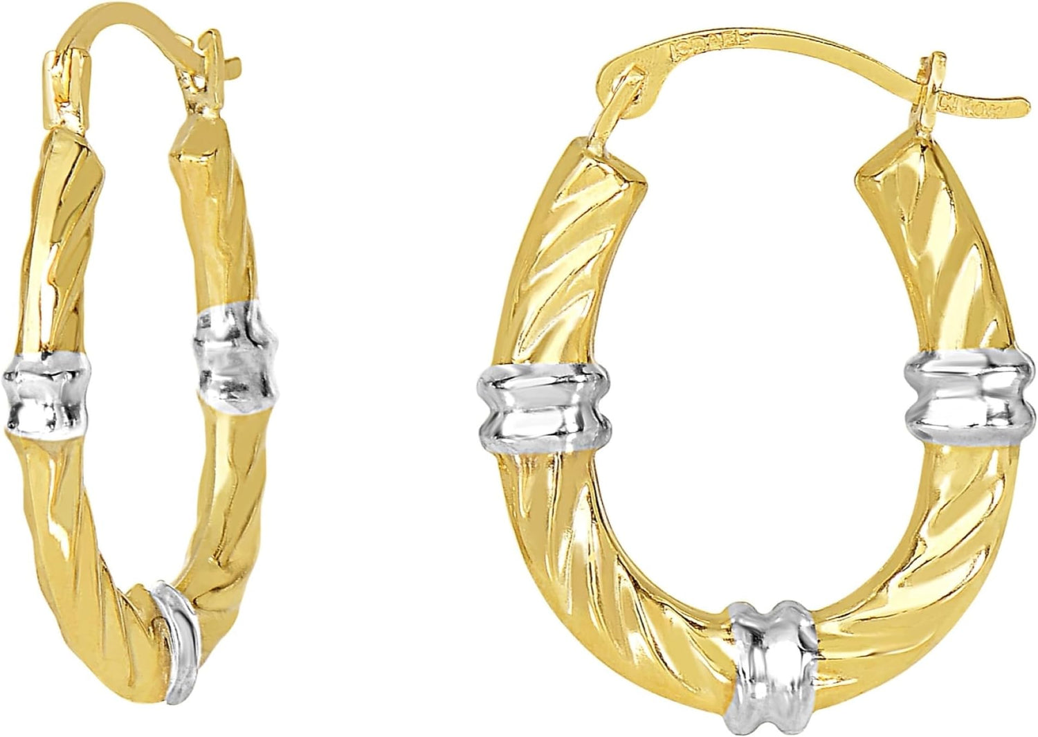 10k Yellow Gold 18mm Oval Twist Station Two-Tone Hoop Earrings