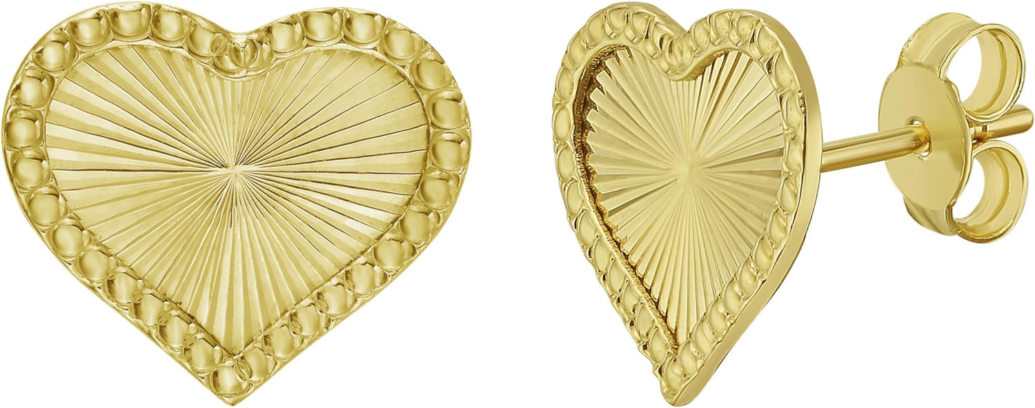 14k Yellow Gold 10.5mm x 12mm Radiating Textured Heart Stud Earrings