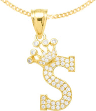 Load image into Gallery viewer, 10k Yellow Gold 0.8&quot; Pave CZ Personalized Crown Alphabet Letter A - Z Initial Charm Pendant with optional Chain Necklace
