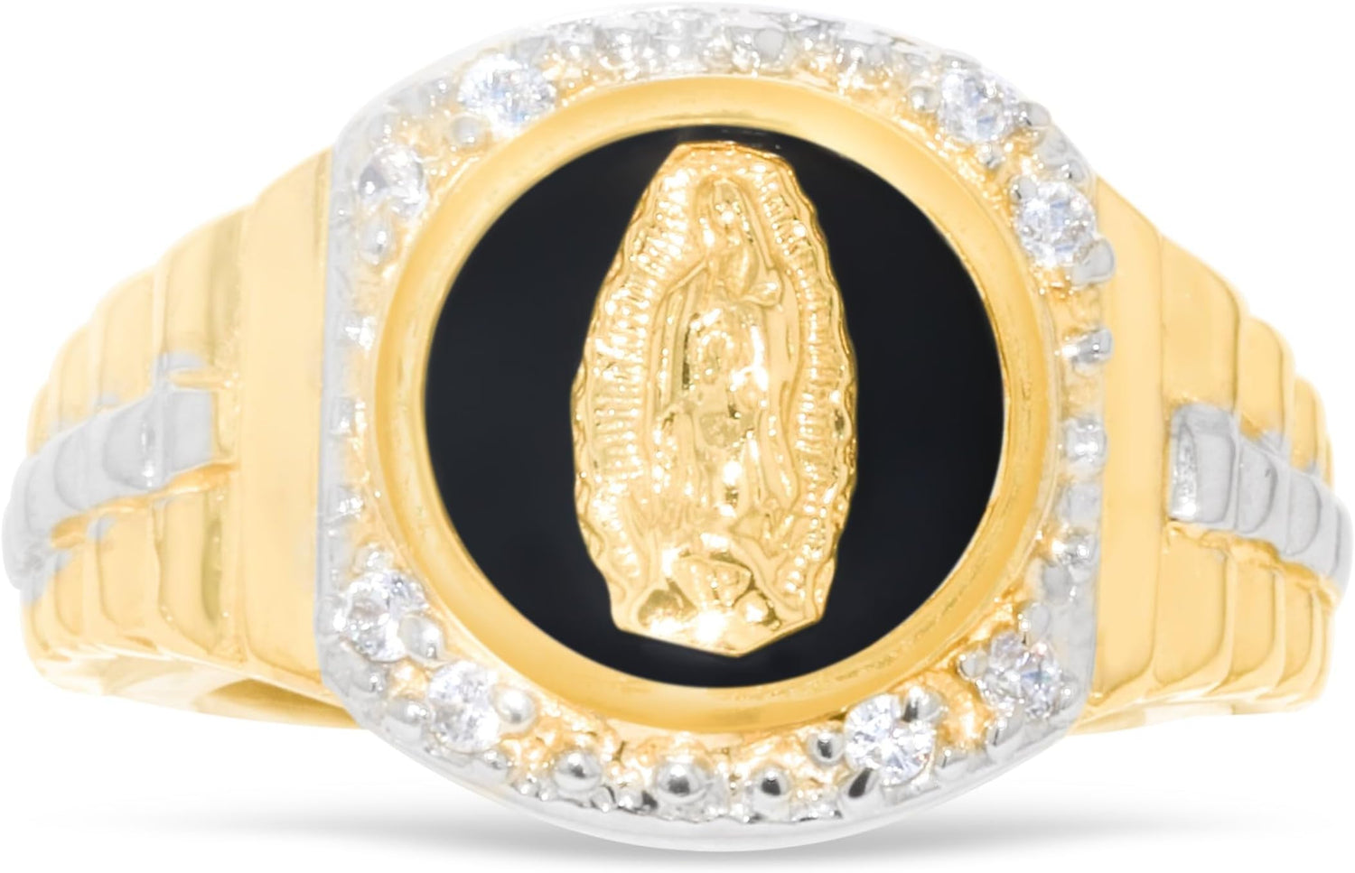 10k Yellow Gold 14.2mm Virgin Mother Mary Onyx Two-Tone Railroad CZ Ring, Sizes 5-13