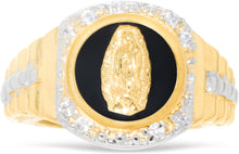 Load image into Gallery viewer, 10k Yellow Gold 14mm Virgin Mother Mary Onyx Two-Tone Railroad CZ Ring, Sizes 5 - 13
