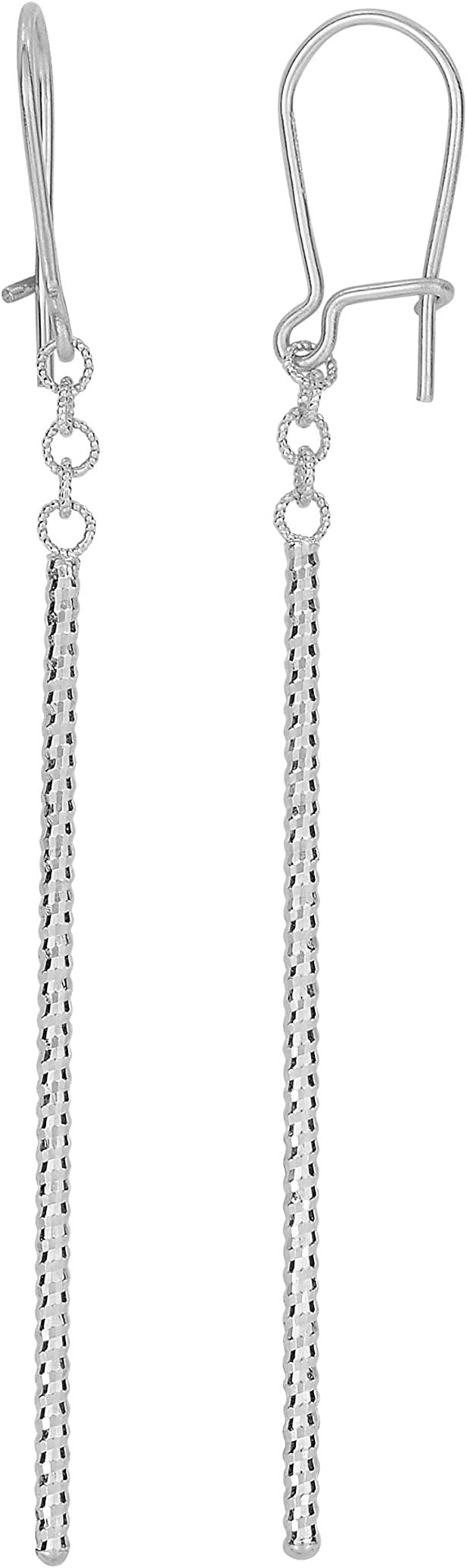 14k White Gold 60mm Diamond Cut Bar Linear Drop Earrings