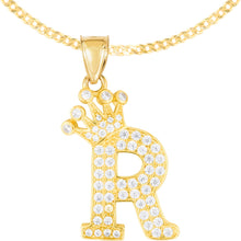 Load image into Gallery viewer, 10k Yellow Gold 0.8&quot; Pave CZ Personalized Crown Alphabet Letter A - Z Initial Charm Pendant with optional Chain Necklace
