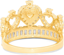 Load image into Gallery viewer, 10k Yellow Gold 13mm CZ Heart Crown Openwork Baguette Ring, Sizes 4 - 11
