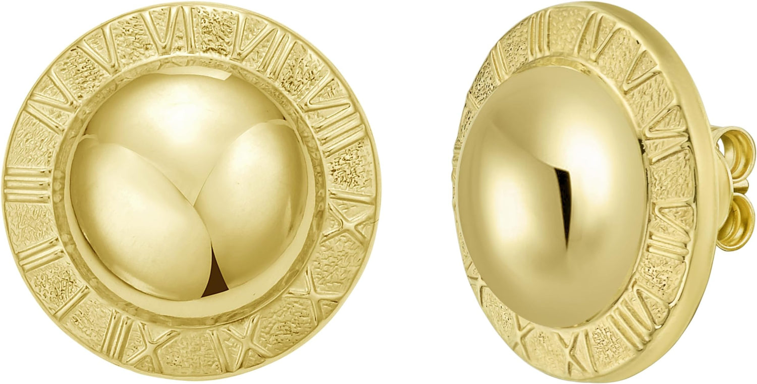 14k Yellow Gold 17mm Roman Numeral Button Stud Earrings