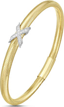 Load image into Gallery viewer, Italian .08cttw Diamond 14k Two-Tone Gold 6.6mm X Charm Stretch Mesh Slip-On Bracelet
