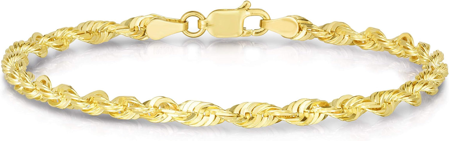 10k Yellow Gold 3.5mm Solid Spiral Rope Multi Diamond Cut Chain Bracelet or Anklet