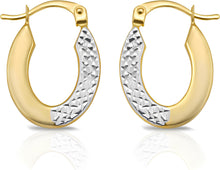 Load image into Gallery viewer, 14k Two-Tone Gold 16mm Half Textured Flat Oval Hoop Earrings
