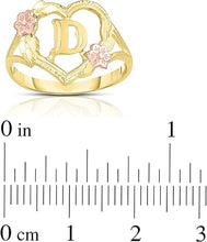 Load image into Gallery viewer, 10k Yellow Gold A-Z Initial Ring with Heart and Rose Gold Flower Design, Sizes 4-9
