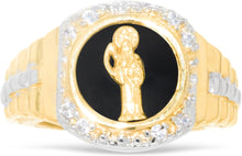 Load image into Gallery viewer, 10k Yellow Gold 14.2mm St. Muerte Angel of Death Grim Reaper Onyx Railroad CZ Religious Saint Ring, Sizes 5-13
