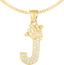 Load image into Gallery viewer, 10k Yellow Gold 0.8&quot; Pave CZ Personalized Crown Alphabet Letter A - Z Initial Charm Pendant with optional Chain Necklace
