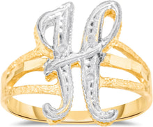 Load image into Gallery viewer, 10k Two-Tone Yellow Gold and White Gold 15mm Personalized A-Z Initial Cursive Letter Ring, Sizes 3 - 10
