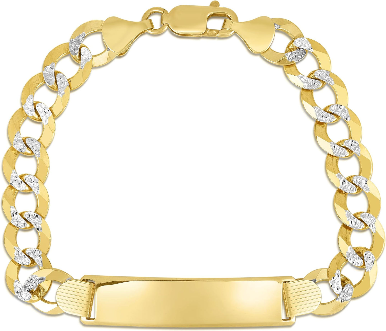 14k Yellow Gold and White Gold 11mm Solid Pave Curb Chain ID Personalized Engraved Name Bar Custom Bracelet