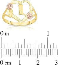 Load image into Gallery viewer, 10k Yellow Gold A-Z Initial Ring with Heart and Rose Gold Flower Design, Sizes 4-9
